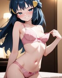 ai_generated belly_button blue_eyes blue_hair blush blush_lines blushing bra choker dawn_(pokemon) hotel_room lingerie necklace panties petite petite_body petite_breasts petite_female petite_girl petite_tits pink_lingerie pokemon pokemon_trainer skinny skinny_female small_breasts small_waist smirk smirking smirking_at_viewer standing teasing