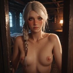 ai_generated bed bedroom braid breasts cd_projekt_red ciri completely_nude embarrassed embarrassed_nude_female falewii female freckles green_eyes light-skinned_female light_skin looking_at_viewer mascara nipples nude open_door small_breasts solo solo_female suprised_expression surprised the_witcher_(series) the_witcher_4 white_hair