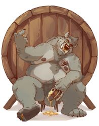 2022 alcohol anthro arm_hair balls barrel beer beverage black_nose body_hair brown_nipples chest_tuft chocolateandmilk dated facial_piercing flaccid front_view fur genitals gnoll grey_balls grey_body grey_fur grey_penis grey_pubes hi_res humanoid_genitalia humanoid_penis hyena leg_hair looking_at_viewer male male_anthro male_only mammal moobs narrowed_eyes nipples nose_piercing nose_ring nude obese obese_anthro obese_male overweight overweight_anthro overweight_male penis piercing pubes ring_piercing septum_piercing septum_ring signature simple_background sitting solo tuft white_background