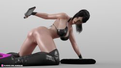 1girls 3d all_fours bikini black_hair boots bottomless female female_masturbation female_only fingerless_gloves gloves gradient_background high_heel_boots high_heels kneehigh_boots kneehighs large_breasts lipstick looking_back masturbation nonsane on_all_fours paddle pinup ponytail slushe_(website) solid_color_background solo solo_female spanking