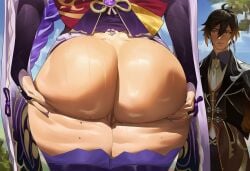 ai_generated ass ass_focus ass_grab genshin_impact peeping raiden_shogun saigalisk_(copied_style) teasing zhongli_(genshin_impact)