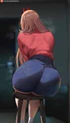 artist_name ass blue_shorts breasts chainsaw_man commentary covered_shoulder_blades female female_only from_behind highres horns indoors large_breasts long_hair on_stool oroborus oroborusart pink_hair power_(chainsaw_man) red_horns red_shirt savagexthicc shirt shorts sitting socks solo steaming_body stool thighs white_socks