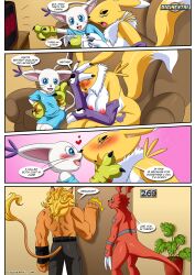 big_breasts comic dialogue digihentai digimon digimon_(species) digimon_adventure digimon_tamers digiphilia dirty_gamers female gatomon guilmon heart imminent_double_penetration imminent_sex leomon muscle palcomix renamon video_games