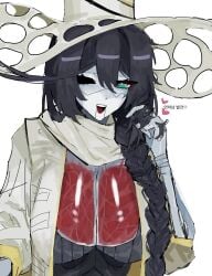 1girls big_breasts big_hat heterochromia hong_lu hong_lu_(limbus_company) honglulove jade_eyes limbus_company loose_clothes loose_fit loose_fitting mechanical metal_collar missing_eye project_moon prosthetic prosthetic_arm ring_nursefather_id robe rule_63 scarf tagme tall_hat tied_hair twirling twirling_hair visible_breasts visible_muscles