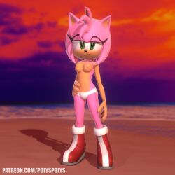 3d amy_rose beach beach_background bikini_bottom bottomless breasts cute female furry_female looking_at_viewer medium_breasts pink_fur pink_hair sexy solo sonic_(series) sonic_the_hedgehog_(series) sunset topless