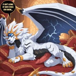 ai_generated big_penis black_body black_scales blue_eyes bored claws cosmic_wings crystal crystal_horn dialogue dominant dominant_feral dominant_male dragon dragon_wings fangs felid feral fur generation_7_pokemon genitals gold_claws grin grinning_at_viewer harem hi_res horn hybrid imminent_sex legendary_pokemon lion lying male mammal mane master mythological_creature mythological_scalie mythology nintendo on_side pantherine penis pillow pokemon pokemon_(species) presenting presenting_penis proud pseudo_horn rape_face relaxed scales scalie showing_teeth side_view smile smiling_at_viewer smug_face solgaleo solo speech_bubble spiked_penis spiked_tail spikes spikes_(anatomy) spread_wings tail teeth western_dragon white_body white_fur wildclaw666 wings yellow_horn