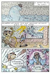 abs absurd_res angry anthro aquatic aquatic_dragon attack attack_pose bandanna_on_head barazoku bear biceps black_nose blue_clothing blue_topwear bottomwear brown_body brown_eyes brown_fur brown_hair bulge clothed clothing comic comic_panel dashthefox dialogue dragon electricity english_text fight fur genitals hair hammer headgear headwear hi_res holding_object kai_(dash_fox) kerchief lightning magic magic_user male male/male mammal manly marteau multicolored_body multicolored_fur musclegut muscular muscular_anthro muscular_male mustelid mythological_creature mythological_scalie mythology open_clothing open_shirt open_topwear otter overweight pecs penis purple_penis raining scalie sea ship shirt speech_bubble spell storm tail teal_body text tools topwear traditional_media_(artwork) underwear vehicle water watercraft wave weapon wet wet_body wet_fur white_clothing