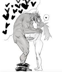 2d 2d_(artwork) 5_fingers anthro big_breasts blush bottomwear bottomwear_down breasts clothed clothing dorohedoro duo embarrassed erection eyebrows female fingers francis_xie french_kissing genitals greyscale hair handjob heart_symbol hi_res human human_on_anthro humanoid_genitalia humanoid_penis interspecies kaiman_(dorohedoro) kissing lizard long_hair male male/female mammal monochrome motion_lines nikaidou_(dorohedoro) nipples nude pants pants_down partially_clothed penile penis penis_grab ponytail reptile scalie sex sharp_teeth simple_background standing teeth thought_bubble tongue tongue_out white_background