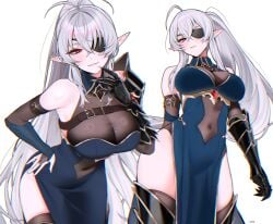 absurd_res ahoge armor bare_shoulders big_breasts blush breasts cleavage demon demon_girl dress eye_patch female female_focus female_only geega grey_hair guantlet hair_between_eyes hands_on_hips haze_(7h4ze) highres indie_virtual_youtuber leaning_forward looking_at_viewer looking_down_at_viewer pointy_ears ponytail red_eye safe_for_work sfw simple_background smile standing thick_thighs thighs virtual_youtuber vtuber white_background