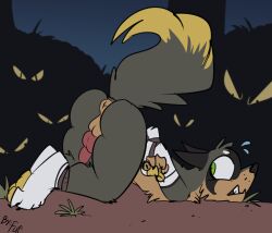 2018 ambiguous_species animal_genitalia animal_penis anthro anus ass ass_up biped black_markings black_nose bodily_fluids bondage bound brown_body brown_fur canid canine canine_genitalia canine_penis claws countershade_face countershade_fur countershade_torso countershading digitigrade dipstick_tail erection facial_markings fluffy fluffy_tail fuf fur genitals green_markings group hands_tied head_markings hi_res knot legs_tied looking_back male mammal markings mask_(marking) multicolored_body multicolored_fur nude outside pawpads penis raised_tail restraints rope rope_bondage side_view sweat tail tail_markings tan_body tan_countershading tan_fur toe_claws two_tone_body two_tone_fur worried