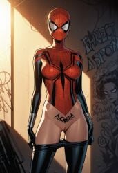1girls ai_generated female female_only flashing flashing_pussy marvel mask masked masked_female mayday_parker pubic_tattoo solo spider-girl spider-man_(series) superhero superheroine tattoo undressing