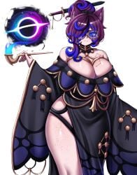 1girls animal_ears bare_shoulders big_breasts black_hole blue_eyes blue_hair breasts cleavage cleavage_overflow curvy curvy_figure female female_focus female_only freckles glasses hair_over_one_eye huge_breasts kemonomimi large_breasts light-skinned_female light_skin original original_character pipe purple_hair rageman709 robe simple_background smoking_pipe solo solo_female solo_focus someone_else's_oc thick_thighs thighs tied_hair two-tone_hair white_background