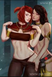 blue_eyes clothed dark_hair female jaesa_willsaam jedi kira_carsen panties red_hair revealing_clothes sith star_wars star_wars:_the_old_republic text underwear ynorka yuri