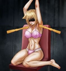 arms_up artist_request backscratcher bikini blindfold blonde_hair blush bondage bound bra breasts covered_eyes covered_nipples female highres large_breasts midriff navel non-web_source panties pink_bra pink_panties poking restrained seikon_no_qwaser short_hair swimsuit teasing teresa_beria thick_thighs thighs tickle_torture tickling tickling_armpits underwear underwear_only