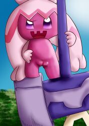 4_toes absurd_res feet female generation_9_pokemon genitals grass hair hammer hi_res humanoid nintendo olihai pink_body pink_hair plant pokemon pokemon_(species) sky solo standing tinkaton toes tools vulva