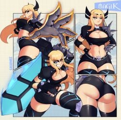 absurdres armor breasts cleavage_cutout clothing_cutout comic_cover commentary elbow_spikes female female_only highres holding holding_sword holding_weapon huge_weapon large_breasts magik_(illyana_rasputin) magik_(marvel_tokon) marvel marvel_tokon:_fighting_souls pauldrons saguinee shoulder_armor shoulder_spikes solo spiked_pauldrons spiked_thigh_strap spikes superhero_costume sword weapon x-men