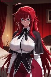 1girl ahoge ai_generated bangs bed black_neckwear bra breasts closed_mouth curtains eyebrows_visible_through_hair green_eyes hair_between_eyes hi_res high_quality high_resolution high_school_dxd indoors kiraamane large_breasts long_hair long_sleeves looking_at_viewer patreon red_hair rias_gremory seductive see-through sexy shirt solo uncensored underwear very_long_hair watermark white_shirt