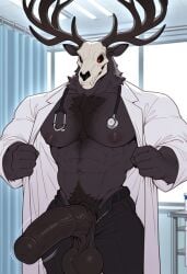 1boy abs ai_generated american_mythology anthro big_pecs big_penis black_body black_fur black_hair deer_horns doctor equine_penis horns horse_penis horsecock hospital indigenous_north_american_mythology muscular muscular_male nipples north_american_mythology pecs penis skull skull_head stethoscope undressing unzipped unzipped_pants wendigo
