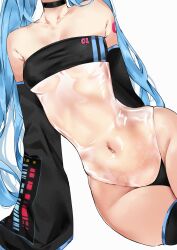 1girls black_legwear blue_hair breasts choker close-up detached_sleeves female gris_swimsuit hatsune_miku head_out_of_frame lying_on_side medium_breasts meme_attire nakony navel on_side see-through see-through_clothing solo swimsuit thighhighs twintails underboob very_long_hair vocaloid