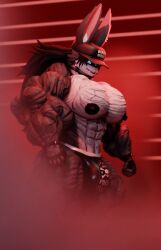3d blue_eyes bulge hat huge_muscles hyper hyper_muscles looking_at_viewer male_only massive_muscles mist ponytail rabbit red_background speedo veiny