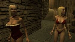 2girls 3d 3d_(artwork) 3dcg absurd_res bare_shoulders blonde_hair blonde_hair_female choker christmas_clothing cleavage collarbone corset edited_screencap erect_nipples erect_nipples_under_bikini erect_nipples_under_clothes game_mod happy_female hitman hitman_blood_money huge_breasts io-interactive long_hair long_hair_female marccost3 mature_woman navel oblivious_sexualization red_bikini red_corset source_request standing text unbothered unnamed_characters