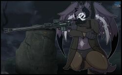 2026 absurd_res aiming anthro armor avian beak bird black_body black_border black_feathers black_sclera blazkenzxy border bullet clothed clothing digital_drawing_(artwork) digital_media_(artwork) feathers grey_body grey_feathers gun hi_res horn hybrid jacket kneeling male markings on_one_knee outside purple_eyes ranged_weapon rifle shooting signature sniper_rifle solo wasteland weapon white_body white_feathers wings