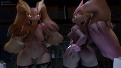 absurd_res anthro ass athletic athletic_anthro athletic_female big_breasts breast_grab breast_squish breasts brown_body brown_fur butt_grab clothing dominant dominant_female duo eyewear female first_person_view fur generation_4_pokemon genitals glasses glowing glowing_eyes hand_on_breast hand_on_butt hi_res long_ears looking_at_viewer lopunny mammal nintendo nipple_tape nude nude_anthro nude_female pasties pokemon pokemon_(species) samtrix squish suggestive tape thick_thighs thong underwear vulva