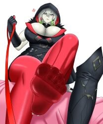 angry bed boots breasts collar collar_pull diabellstar_the_black_witch duel_monster earrings female_only fetish foot_fetish gloves gothic hood huge_breasts humiliation hunter konami legwear leodancer_love looking_at_viewer low-angle_view masochism multicolored_hair muscles muscular muscular_female necklace one_leg_up pale_skin pulling short_hair silver_hair sitting slave_collar thighs white_background yu-gi-oh!