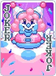 balatro blue_blush blue_clown_nose blue_nose blue_tongue card card_(medium) card_game chubby chubby_belly chubby_female clown clown_girl clown_makeup clown_nose cute cute_face fat fat_belly fat_female highlights huge_belly hyper_belly large_belly lifelinelemons massive_belly morbidly_obese morbidly_obese_female obese obese_female penelope_(lifelinelemons) pink_hair pixel_art pixelated poker_card poker_cards simple_eyes small_breasts soft soft_belly tongue tongue_out white_makeup