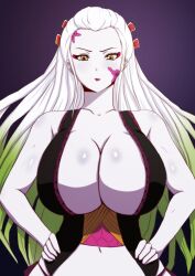 big_breasts cleavage daki_(kimetsu_no_yaiba) demon_slayer eyeshadow facial_markings female female_only gradient_hair hands_on_hips huge_breasts kimetsu_no_yaiba long_hair looking_at_viewer multicolored_eyes obi pepejii revealing_clothes solo two_tone_hair very_long_hair white_body white_hair white_skin