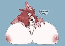 absurd_res anthro areola artist_name big_breasts blue_background blue_tongue breasts canid canine canis chest_tuft closed_eyes countershading dialogue digital_drawing_(artwork) digital_media_(artwork) english_text female flat_colors fur hair hair_over_eye hi_res huge_breasts inner_ear_fluff lips long_hair mammal nipples nude one_eye_obstructed onigiriad open_mouth pink_body pink_fur pink_nipples prick_ears shoulder_tuft simple_background smile solo text tongue tuft wolf