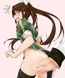 1boy admiral_(kantai_collection) ass ass_grab asymmetrical_legwear blush brown_eyes brown_hair female grabbing_another's_ass groping hair_ribbon hand_on_ass kantai_collection long_hair no_panties open_mouth pelvic_curtain remodel_(kantai_collection) ribbon serakoutarou surprised sweatdrop thighhighs tone_(kantai_collection) twintails uneven_legwear wavy_mouth white_background white_ribbon