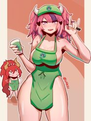 2d 2girls big_breasts breasts demon_girl dragon_girl female_only hat horns iced_latte_with_breast_milk ironmouse light-skinned_female light_skin meme multiple_girls naked_apron pink_eyes pink_hair purple_highlights red_hair sideboob starbucks tail virtual_youtuber vshojo w4kih zentreya