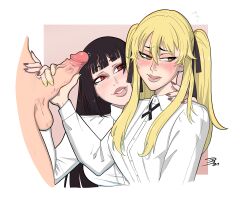 1boy 2girls black_hair blonde_hair blush clothed_female_nude_male embarrassed ffm_threesome handjob hime_cut imminent_oral jabami_yumeko kakegurui kiss_mark light-skinned_female light-skinned_male light_skin lipstick_mark looking_away oral penis precum red_eyes red_nails saotome_meari theweirdibi threesome twintails yellow_eyes yellow_nails