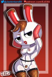 2022 animal_crossing anthro black_eyes breasts brown_hair digital_media_(artwork) female fur furry furry_only gloves hair jackintaro legwear lipstick makeup mostly_nude naked nintendo nipples nude pussy pussy_hair rabbit simple_background stockings tiffany_(animal_crossing) white_body white_fur