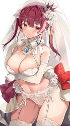 1girls 2021 arm_under_breasts bangs bare_shoulders blush bow bra breast_hold breasts breasts_apart bridal_veil cleavage crown elbow_gloves eyebrows_visible_through_hair eyepatch eyepatch_removed female female_focus female_only flower garter_straps gloves hair_flower hair_ornament hairbow heterochromia highres hololive hololive_fantasy hololive_japan houshou_marine jewelry large_breasts lingerie long_hair looking_at_viewer mini_crown navel panties red_eyes red_hair satoupote solo solo_female thighhighs tongue tongue_out twintails underwear veil virtual_youtuber white_background white_bow white_bra white_flower white_gloves white_legwear white_panties yellow_eyes