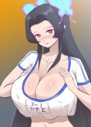 alternate_costume big_breasts black_hair blush breast_press breast_squish butterfly_hair_ornament chiroru cleavage crop_top demon_slayer female female_only gym_uniform huge_breasts kimetsu_no_yaiba kochou_kanae long_hair looking_at_viewer nipple_bulge no_bra smile solo upper_body