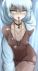 2022 bedroom_eyes blue_eyes breasts candy fishnets food goth haysey_draws long_hair nipples pokies rwby scar weiss_schnee white_hair