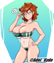 1girls adel_kydo female female_focus female_only freckles green_eyes gris_swimsuit hand_on_hip huge_breasts light-skinned_female light_skin looking_at_breasts medium_hair original original_character speech_bubble swimsuit transparent_clothing voluptuous