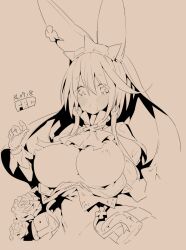 2014 blush breasts breasts_out elphelt_valentine fake_animal_ears fbc female guilty_gear huge_breasts long_hair monochrome open_mouth rose shocked solo