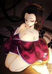 big_breasts black_hair clenched_teeth daki_(kimetsu_no_yaiba) demon_slayer eyeshadow female female_only finger_to_mouth hair_ornament kimetsu_no_yaiba kimono kneeling multicolored_eyes nihongami no_bra off_shoulder oiran open_kimono pepejii prostitute seiza sitting solo