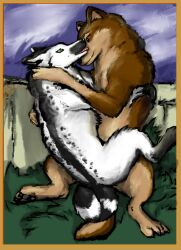 2013 4_toes amber_eyes ambiguous_penetration canid canine canis cloud curled_tail digital_media_(artwork) digital_painting_(artwork) digitigrade domestic_dog duo embrace eye_contact feet female female_penetrated fence feral feral_on_feral feral_penetrated feral_penetrating feral_penetrating_feral from_front_position fur genitals grass green_eyes hug karn_(karn_the_wolf) kromn_(artist) leg_markings licking looking_at_another love male male/female male_penetrating male_penetrating_female mammal markings on_lap penetration penis plant quadruped sitting_on_lap sitting_on_penis sky socks_(marking) spots spotted_body spotted_fur striped_markings striped_tail stripes tail_markings toes tongue tongue_out white_body white_fur wolf