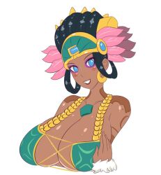 1girls alternate_breast_size awilix_(smite) big_breasts black_hair blue_eyes blush blushing_at_viewer boobs breasts bust_portrait busty cleavage dark_skin earrings eyepatch_bikini eyeshadow female female_only goddess hand_on_breast head_tilt headdress headgear headwear huge_breasts jcdr large_breasts lipstick looking_at_viewer mythology purple_eyeshadow simple_background skimpy smile smiling_at_viewer smite solo solo_female tattoo teeth tits upper_body white_background