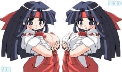 aoyama_momoko before_and_after black_hair blush eyebrows_visible_through_hair female hakama headband hirowa_nagi huge_breasts miko open_mouth solo valkyrie_the_power_beauties white_background