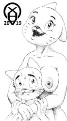 2019 3_fingers anthro biting_lip blush breasts cartoon_network domestic_cat duo felid feline felis female gumball_watterson male male/female mammal medium_breasts monochrome mother mother_and_son nicole_watterson nipples open_mouth parent simple_background son sweat teeth the_amazing_world_of_gumball traditional_media_(artwork) whiskers white_background xenahasaclit young