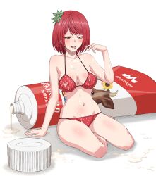 absurdres breasts cleavage condensed_milk cum facial female food-themed_hair_ornament food_print full_body hair_ornament half-closed_eyes highres morinaga_milk navel original personification red_eyes red_hair simple_background sitting solo strawberry_hair_ornament strawberry_print suggestive_fluid tongue tuskryo white_background