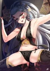 armpits black_legwear black_panties black_thighhighs cleavage daki_(kimetsu_no_yaiba) demon_girl demon_slayer eyeshadow facial_markings fangs female female_only geta hair_ornament kimetsu_no_yaiba lace-trimmed_thighhighs lace_panties lingerie long_hair medium_breasts obi platform_footwear side-tie_panties sideboob silver_hair smile solo spread_legs squatting stirrup_legwear very_long_hair xtermination yellow_eyes