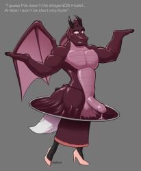 absurd_res anthro badroy canid canine claws dialogue dragon dragon_wings english_text female fox ftm_transformation gender_transformation genitals growth hi_res high_heels horn looking_at_self male mammal mostly_nude muscular muscular_male nakhta penis purple_body purple_scales scales shrug size_transformation solo species_transformation text transformation transformation_ring