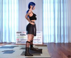 1girls 3d arm_tattoo boots clothed clothing depth_of_field english_text female female_only goth hands_on_hips indoors leg_tattoo nonsane ponytail side_view skirt slushe_(website) solo solo_female standing tattoo tattoos