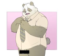 2022 anthro balls black_body censored closed_eyes clothing dressing genitals giant_panda humanoid_hands inunoshippo kemono male mammal necktie overweight overweight_male penis shirt simple_background solo topwear ursid white_body